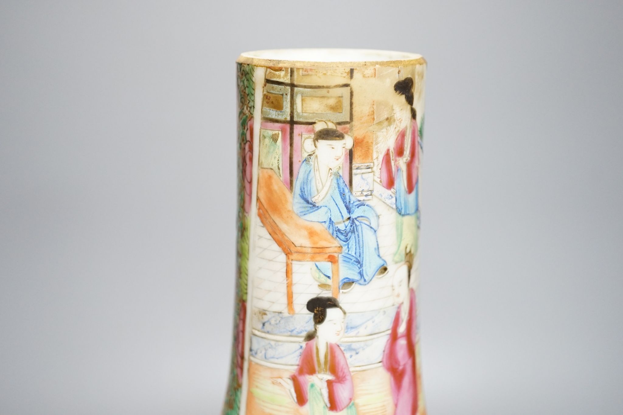 A Canton famille rose bottle vase, neck reduced, 36cm